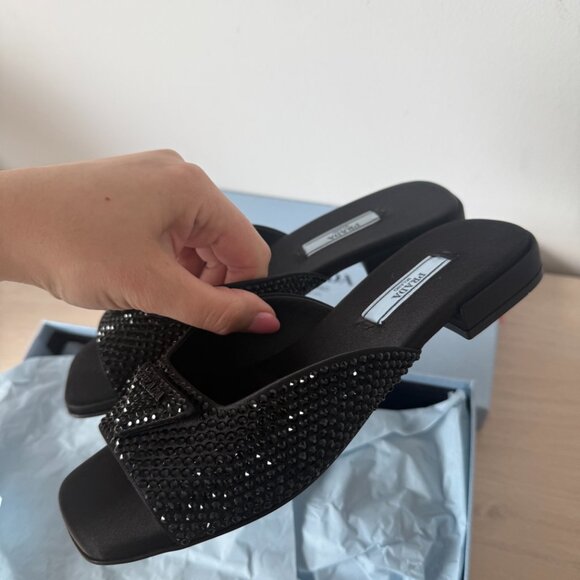 NWT Prada Slide Sandals Black Satin Crystal Embellishment Allover Triangle Logo - Picture 8 of 12
